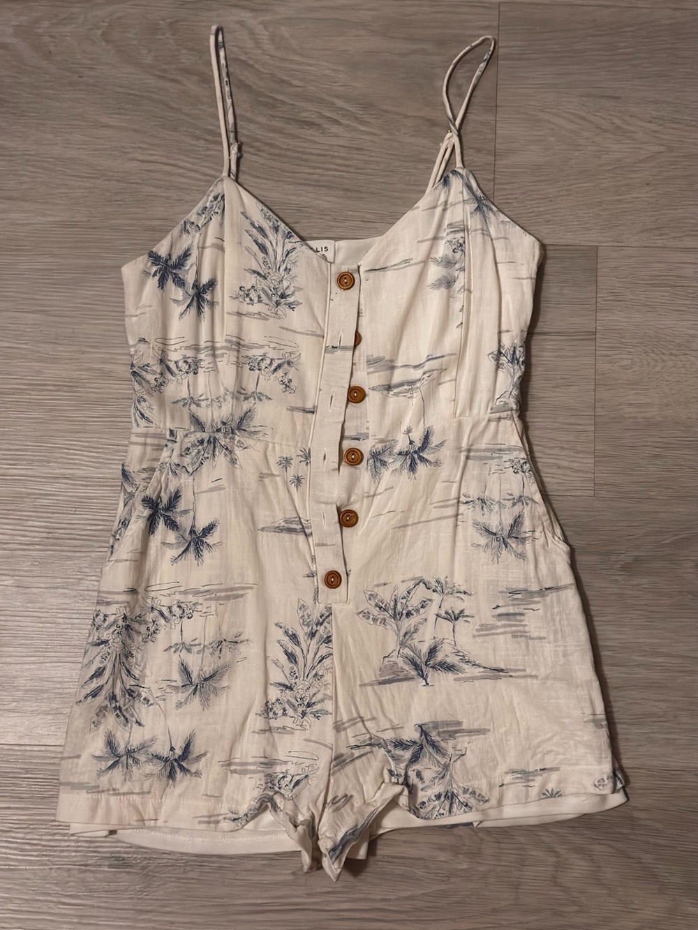Women’s Summer Button-Front One-Piece Romper in Ivory with Blue Print